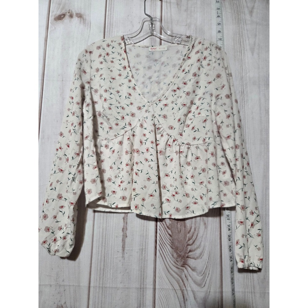Ladies Small Floral Print Peplum Top Long Sleeve V Neck Blouse Cottagecore